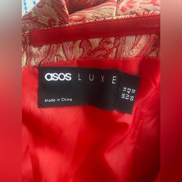 ASOS LUXE  red and gold off shoulder mini  dress size 10 - Picture 7 of 16